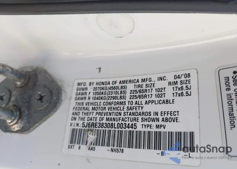 2008 Honda Cr-V Lx from USA, damaged, VIN 5J6RE38308L003445